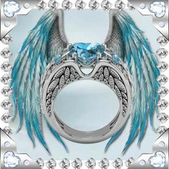 Jewelry - ANGEL WING AQUA BLUE HEART STATEMENT RING